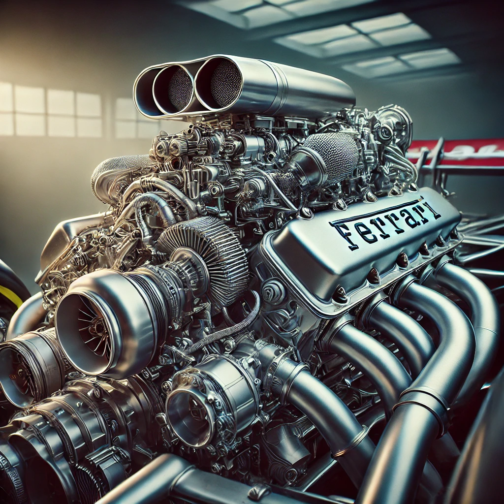 f1 Primo piano di un complesso motore Ferrari V12 in unofficina. Il motore presenta più tubi di scarico, componenti intricati e una superficie metallica lucidata. La luce del sole filtra attraverso grandi finestre, illuminando i macchinari altamente dettagliati.